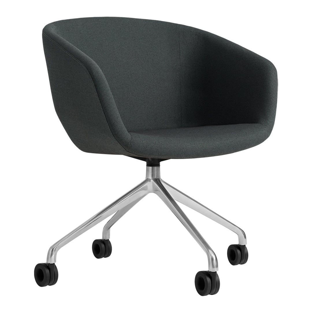 Stylish dark gray upholstered chair with a smooth, minimalist design and silver wheels for modern office aesthetics.