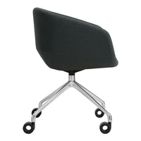 Stylish grey upholstered chair with a sleek design and chrome base, featuring a modern minimalist aesthetic.