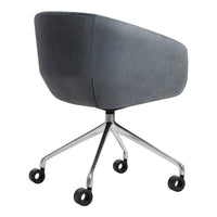 Sleek gray velvet office chair with a minimalist design and chrome base, featuring smooth, rounded lines.