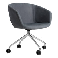 Gray upholstered swivel chair with a sleek metallic base and black wheels, featuring a smooth, modern design.