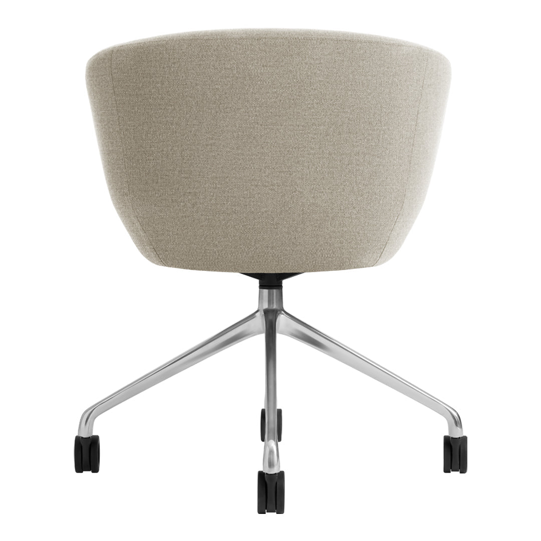 Beige upholstered chair with a smooth, rounded back and sleek chrome base, perfect for modern decor.