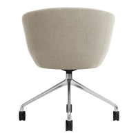 Beige upholstered chair with a smooth, rounded back and sleek chrome base, perfect for modern decor.