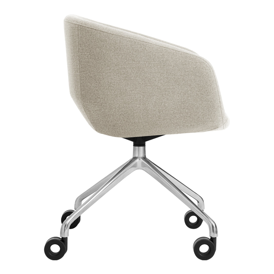 Beige fabric office chair with a smooth texture and sleek chrome base, featuring minimalist design and rolling wheels.