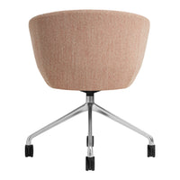 Blush pink fabric chair with a smooth texture and sleek, silver base, showcasing a modern, minimalist design.