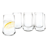 Set of five clear, curved drinking glasses with a smooth surface, featuring one glass with lemon and ice.