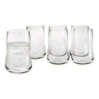 Set of five clear glass tumblers with a smooth, curved design and minimalistic style, perfect for any table setting.