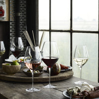 Elegant glassware featuring red, white, and rosé wines beside a rustic wooden table with green and earthy tones.