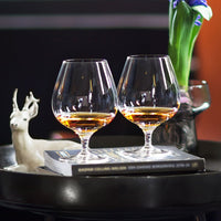 Elegant crystal glassware with a sleek, transparent design and amber liquid, set against a dark background.