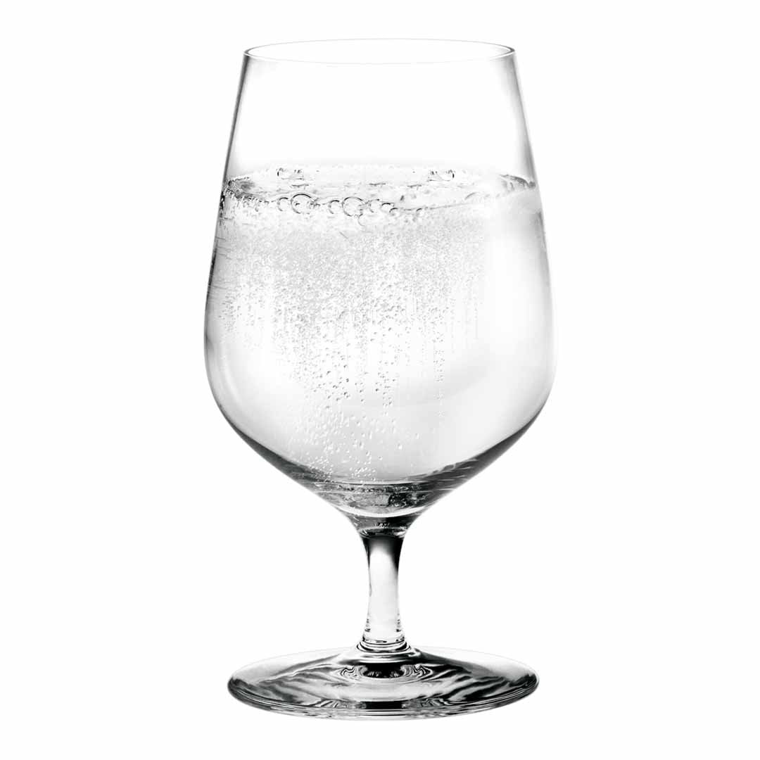 Clear glass goblet filled with sparkling water, featuring subtle bubbles and a smooth, elegant design.