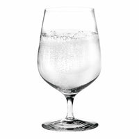 Clear glass goblet filled with sparkling water, featuring subtle bubbles and a smooth, elegant design.