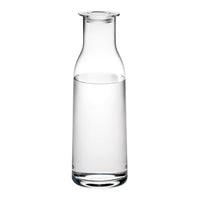Clear glass water carafe with a smooth, sleek design, featuring a simple and elegant silhouette.