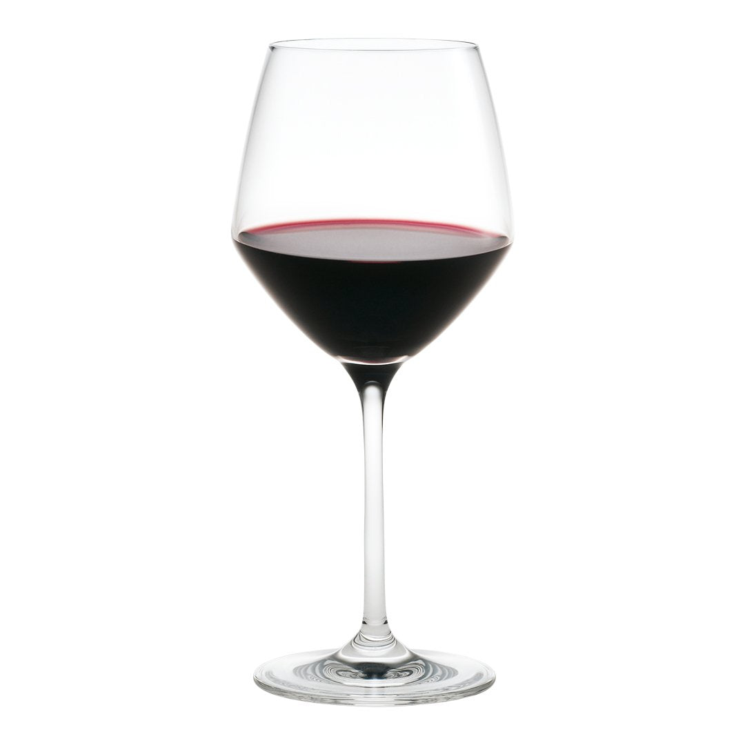 Elegant wine glass filled with deep red wine, showcasing a classic clear design.