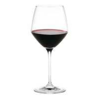 Elegant wine glass filled with deep red wine, showcasing a classic clear design.