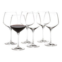 Set of six elegant glass red wine glasses, featuring clear glass and classic, smooth stems. Perfect for any occasion.