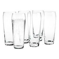 Set of six clear glass tumblers with a sleek, modern design and varying shapes showcasing smooth surfaces and subtle reflections.