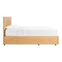 Light wood bed frame with a natural finish and a minimalist design, featuring a white bedding set for a clean look.