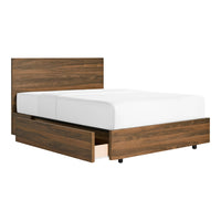 Modern wooden bed frame with a rich brown finish and clean lines, featuring a sleek, minimalist design.