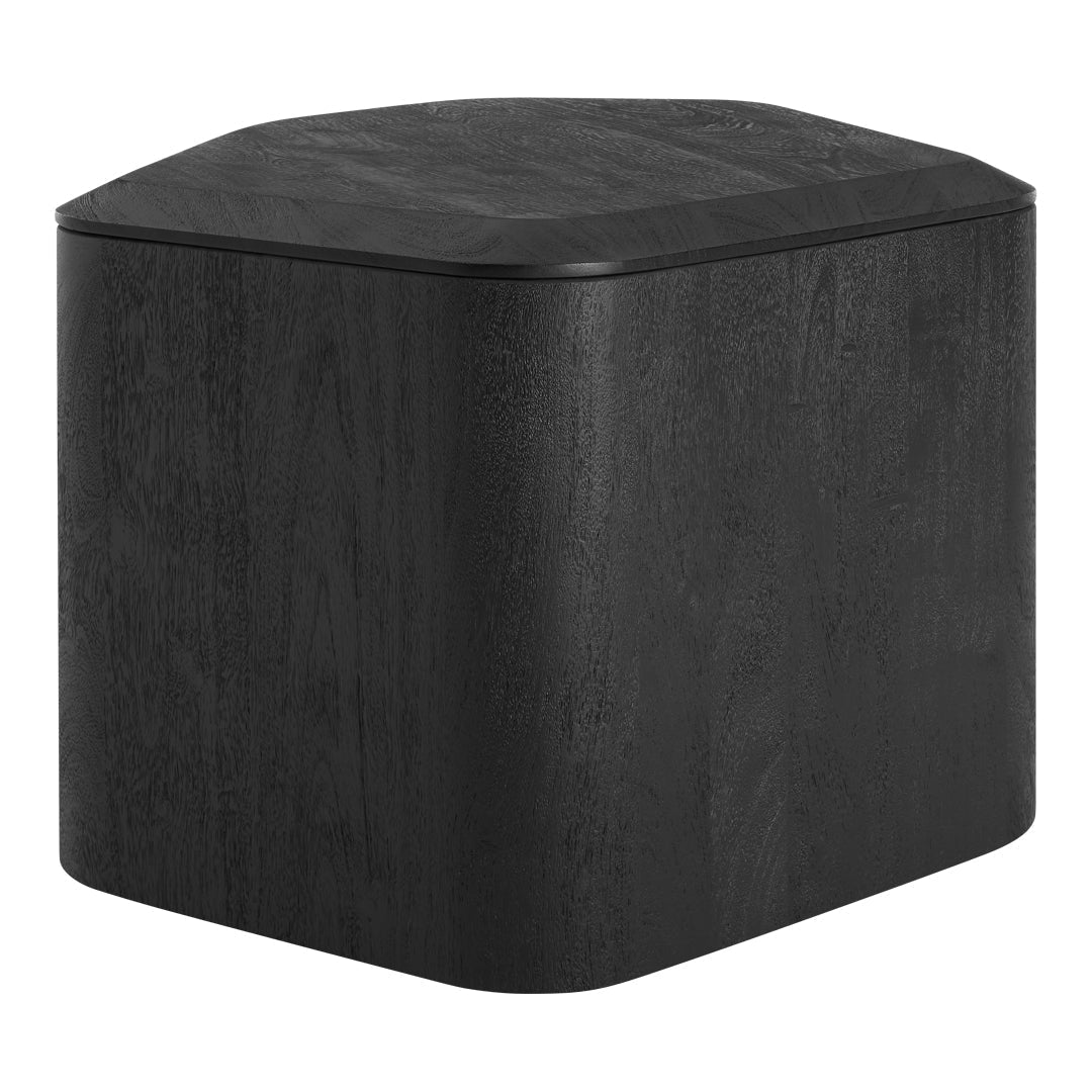 Black wooden cube-shaped storage ottoman with a smooth finish and minimalistic design.