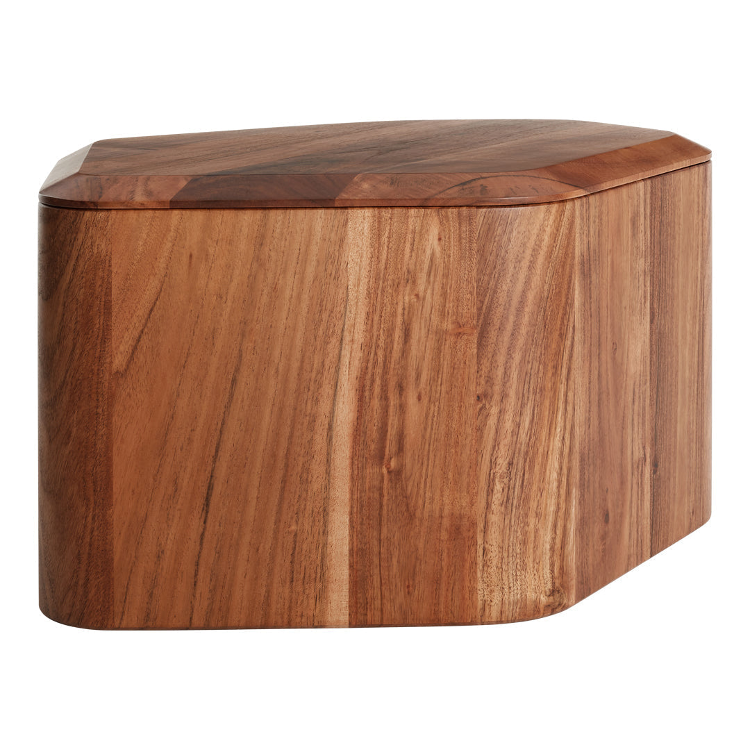 Geometric wooden storage box with rich brown tones and natural wood grain patterns. Perfect for modern decor.