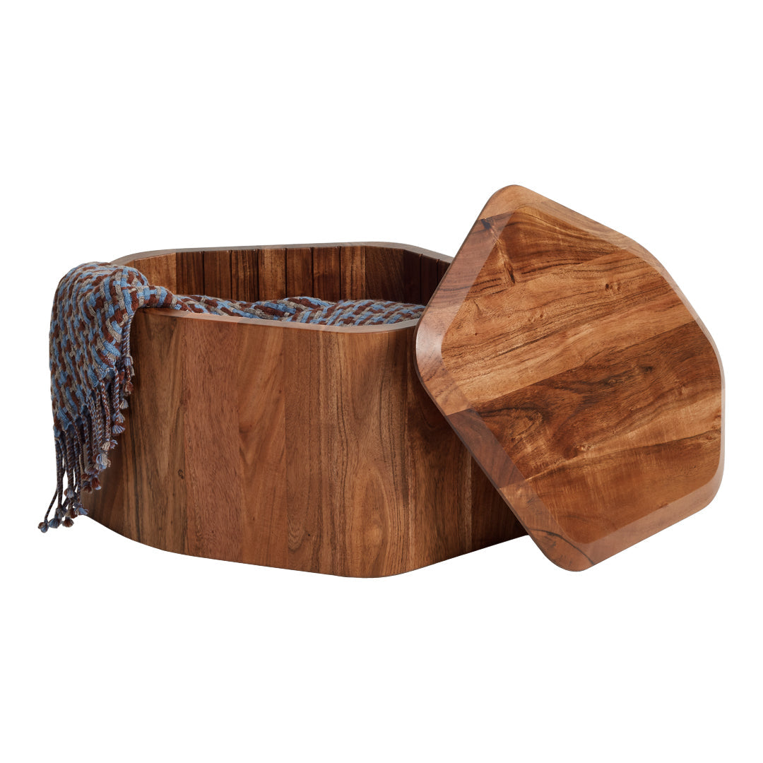 Wooden hexagonal storage box with a natural brown finish and intricate blue patterned tassel.