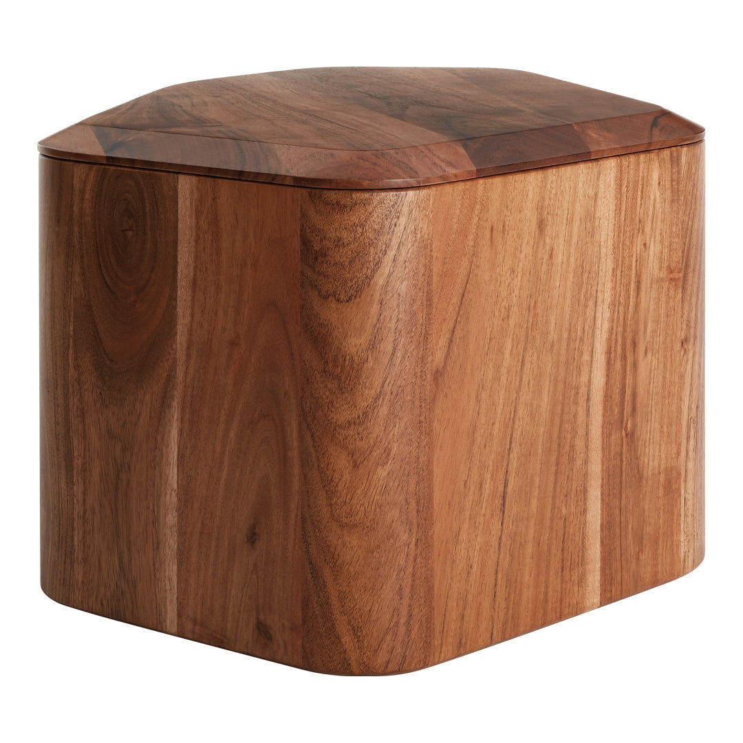 Natural wooden storage cube with rich brown tones and unique grain patterns. Versatile design for any decor style.