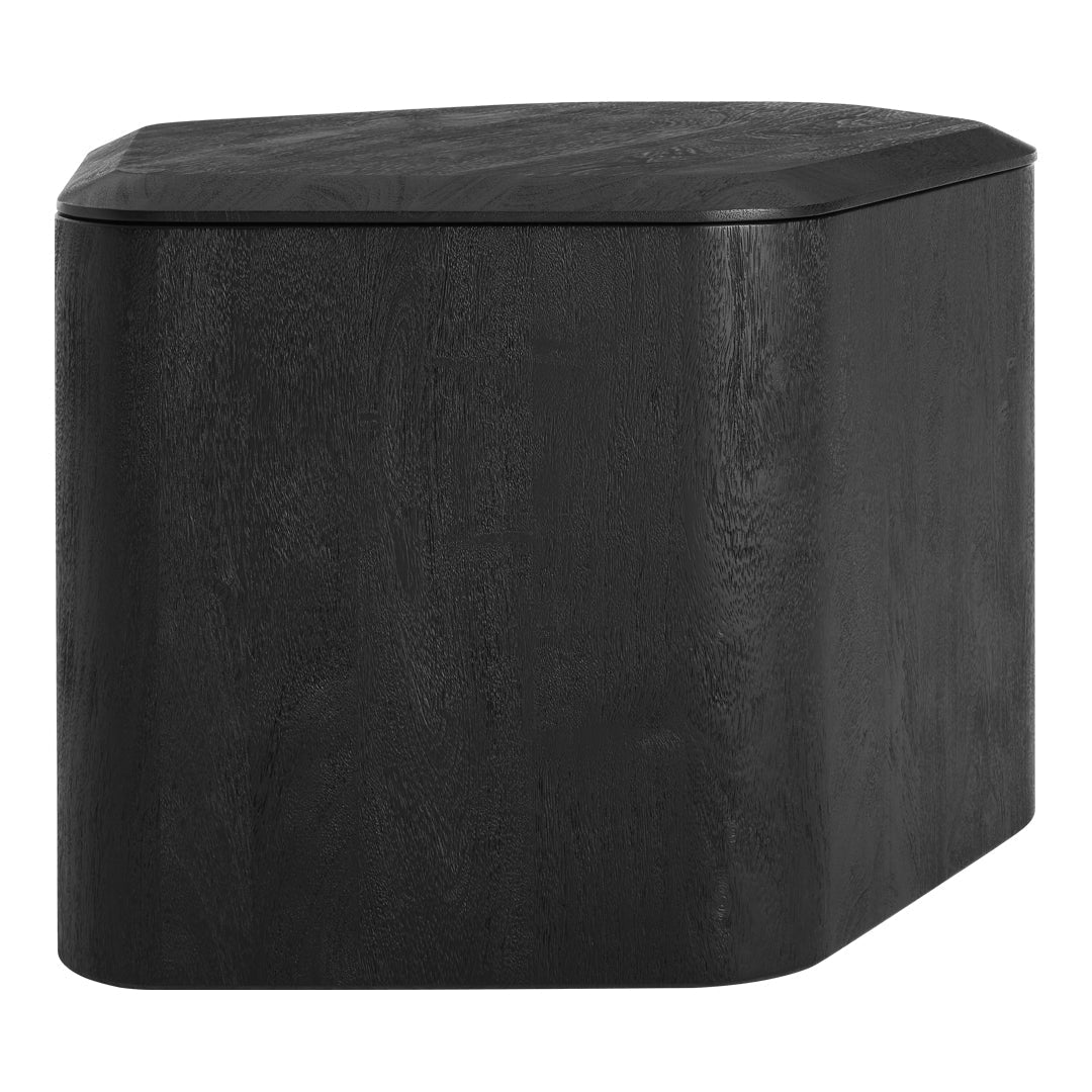 Sleek black wooden accent table with smooth, matte finish and minimalist design. Perfect for modern decor.