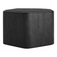 Black hexagonal storage ottoman with a textured surface, featuring a smooth top and minimalist design.