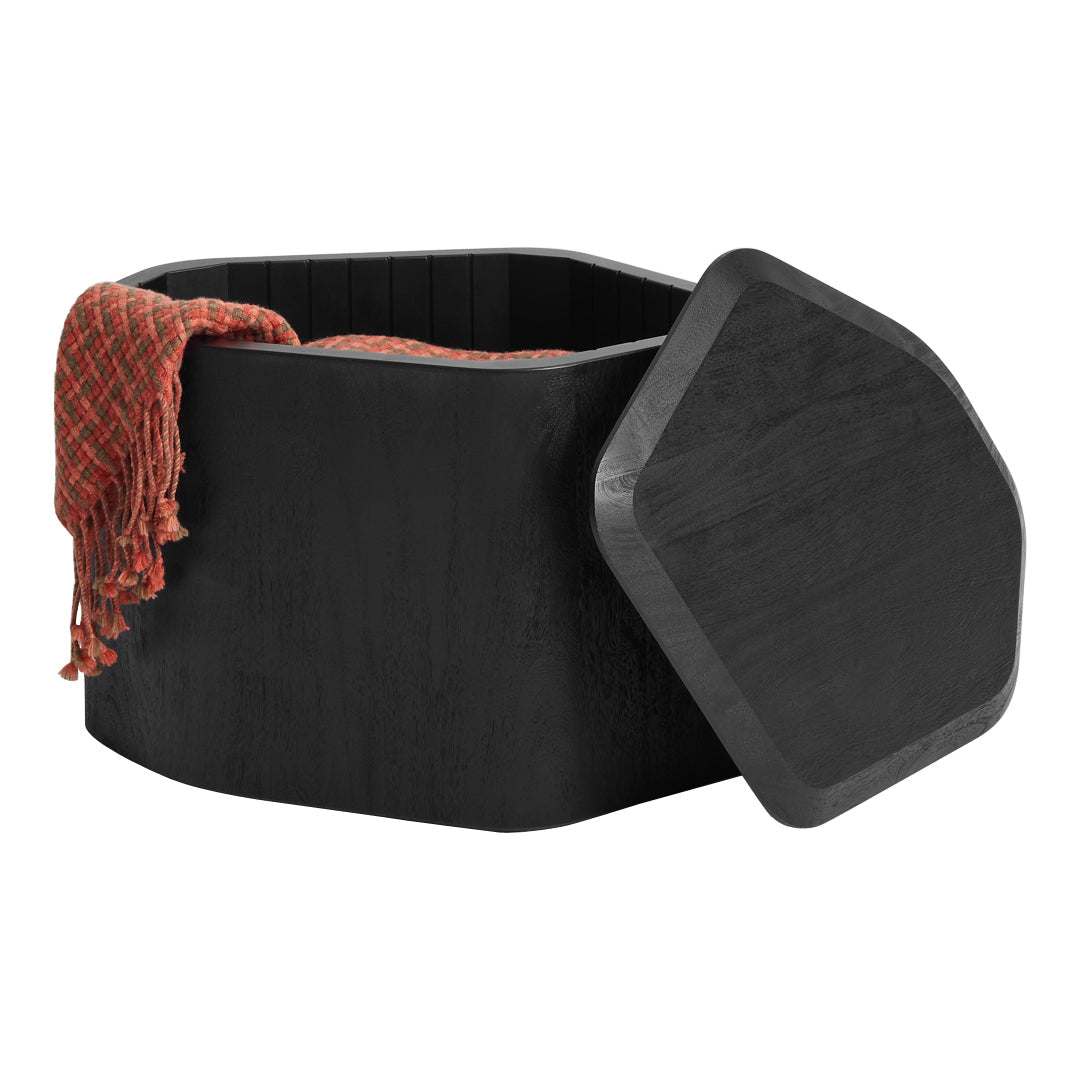 Black hexagonal storage box with a textured orange blanket draped over the side. Simple and modern design.