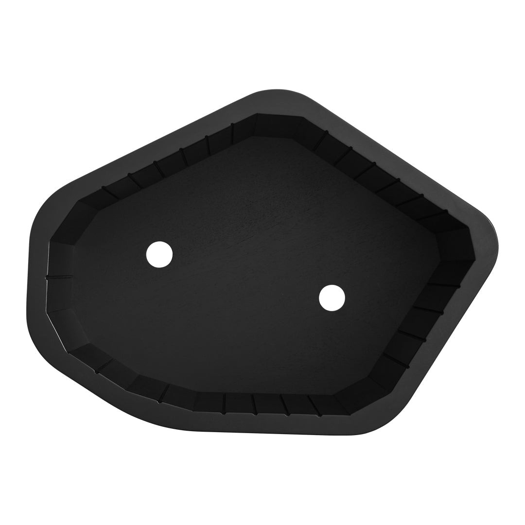 Black hexagonal tray with a smooth interior and textured edges, featuring two holes for drainage. Ideal for various uses.