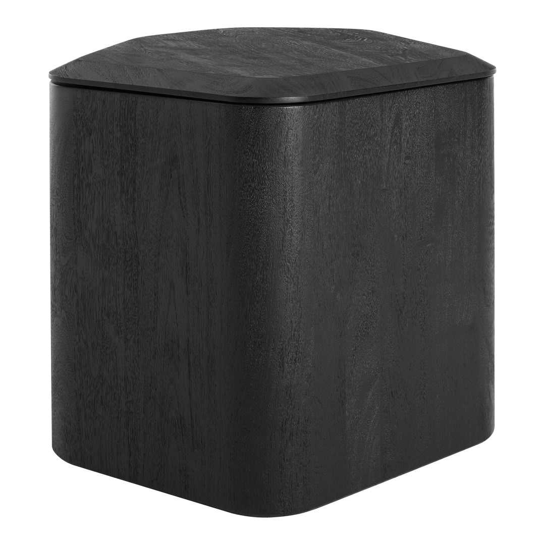 Black geometric storage cube with a smooth, matte texture and rounded edges. Ideal for modern decor.