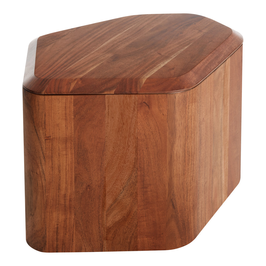 Natural wood finish with rich brown tones and smooth, curved edges, featuring a modern geometric shape.
