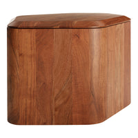 Wooden storage box with a smooth, warm brown finish and subtle grain patterns. Modern, geometric design.