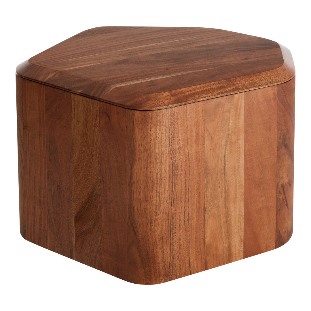Wooden hexagonal storage stool with rich brown hues and a smooth finish, showcasing natural wood grain patterns.