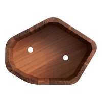 Hexagonal wooden bowl in rich brown tones with subtle grain patterns and two circular holes for hanging.