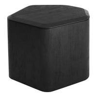 Black hexagonal storage ottoman with a smooth, matte finish and sleek modern design. Perfect for minimalistic decor.
