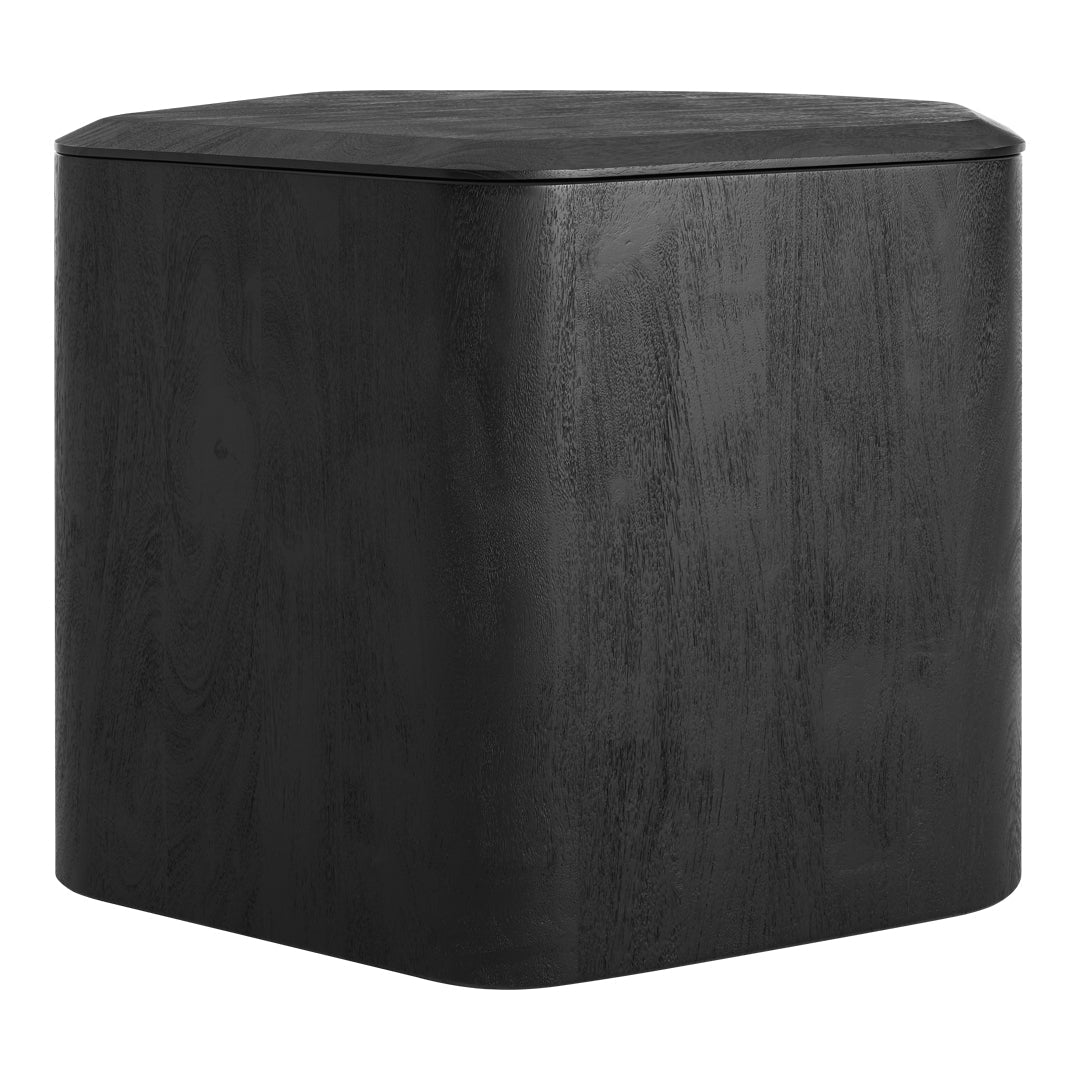 Black hexagonal accent table with a smooth, matte finish and subtle wood grain texture. Perfect for modern decor.