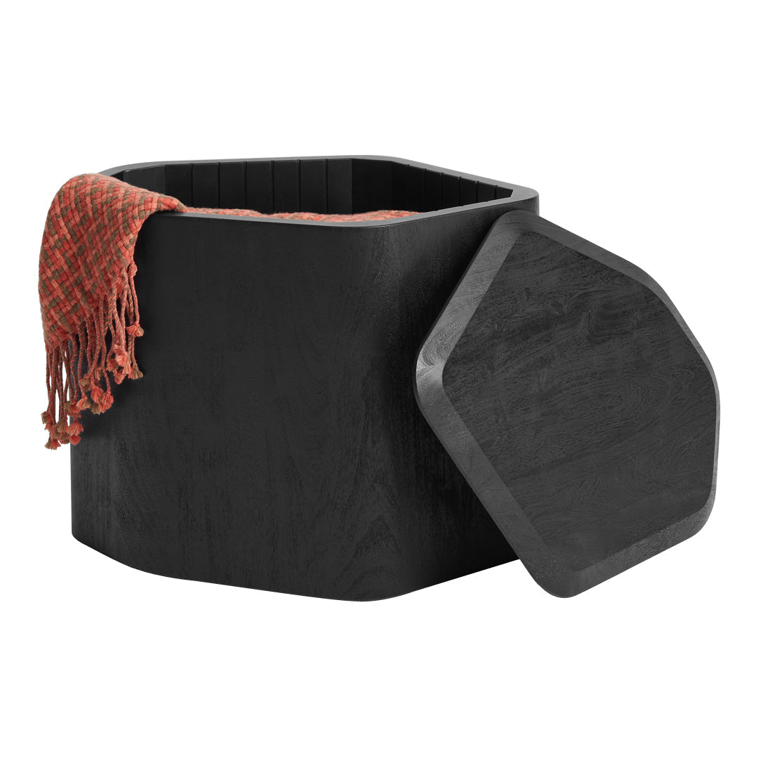 Black hexagonal storage box with a textured orange woven blanket draped on top. Elegant and modern design.