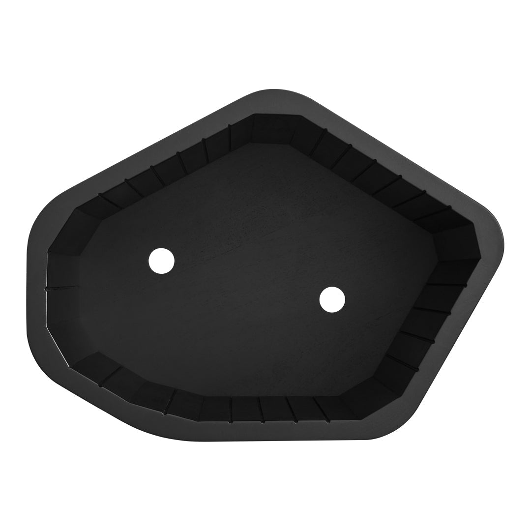 Black geometric tray with smooth edges and two circular openings, featuring a modern design and matte finish.