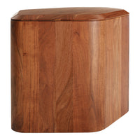 Wooden accent table with a rich brown finish and smooth, rounded edges. Chic, modern design with natural wood grain.