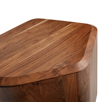 Top view of a sleek walnut tabletop showcasing rich brown tones and smooth, glossy wood grain patterns.