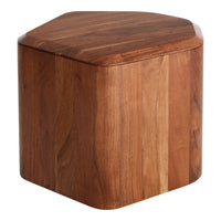 Hexagonal wooden stool with a natural brown finish and subtle grain patterns. Perfect for rustic decor.