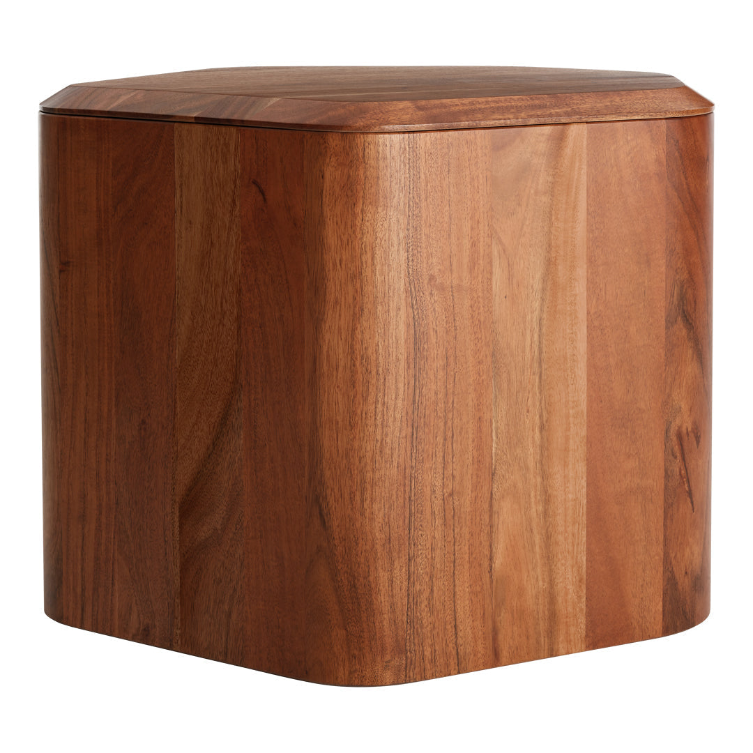 Hexagonal wooden table with rich brown tones and a smooth, polished surface highlighting natural wood grain patterns.