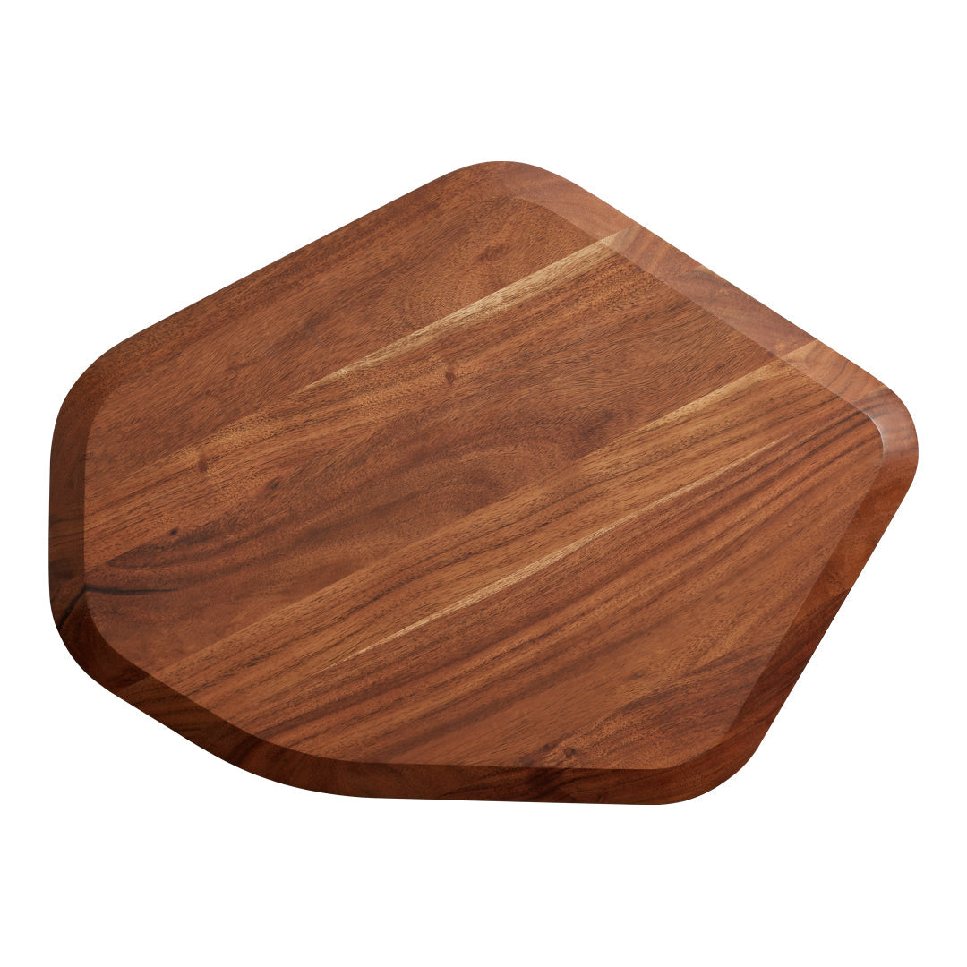 Hexagon-shaped wooden serving board with rich brown tones and natural grain patterns. Perfect for stylish presentations.