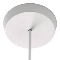 Round, smooth white ceiling plate with a sleek, minimalistic design and a slender rod for hanging.