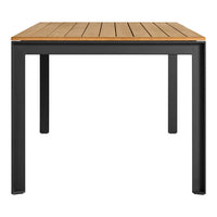 Stylish square table featuring a natural wood top with slats, and sleek black metal legs. Ideal for modern outdoor decor.