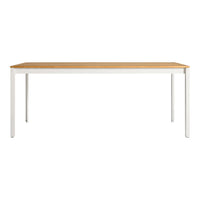 "Rectangular dining table with a natural wood top and white metal legs, featuring a modern and clean design."