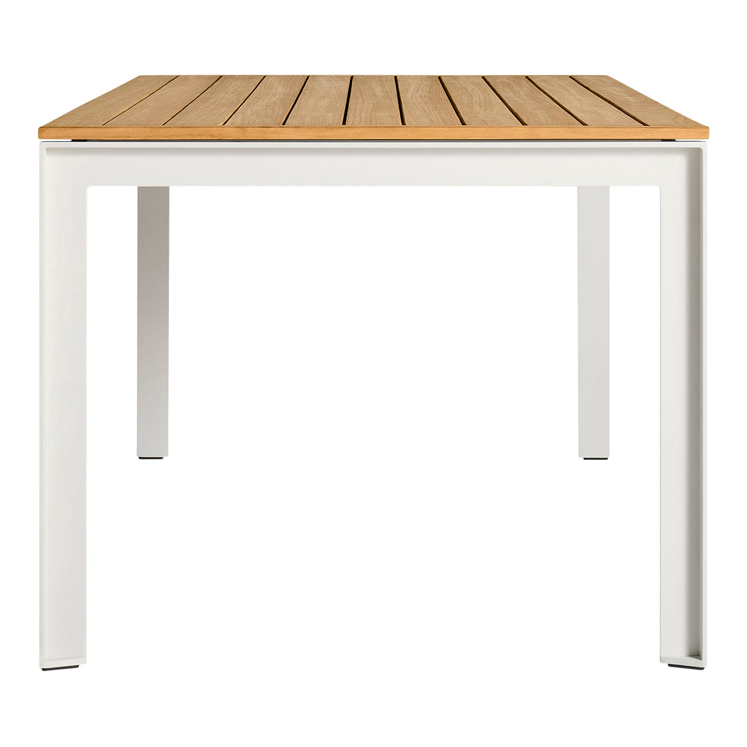 Wooden slatted tabletop in warm brown on a sleek white metal frame, creating a modern, minimalistic look.