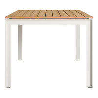 Wooden slatted tabletop in warm brown on a sleek white metal frame, creating a modern, minimalistic look.