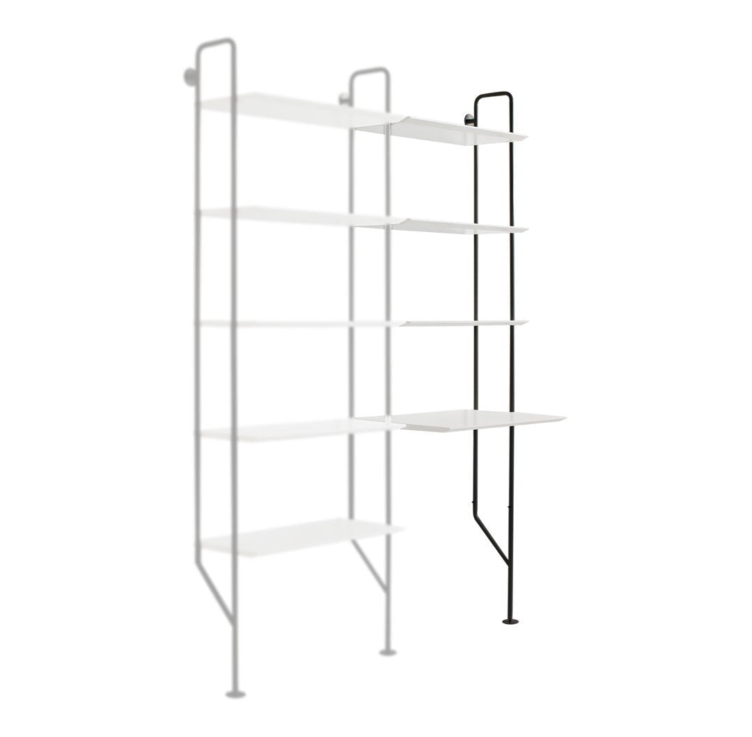 Modern shelving unit featuring sleek white shelves and a minimalist black frame, perfect for contemporary decor.