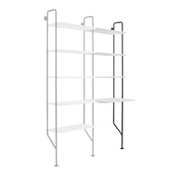 Modern shelving unit featuring sleek white shelves and a minimalist black frame, perfect for contemporary decor.
